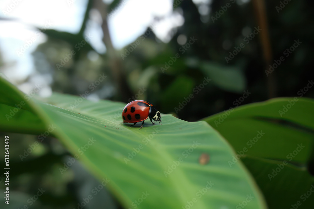 A captivating close-up of a vibrant ladybug perched on a leaf on an ecological farm, representing the farm's dedication to organic and pesticide-free practices