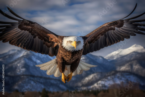 A close-up of a majestic eagle in flight, capturing its grace and strength as it soars through the sky