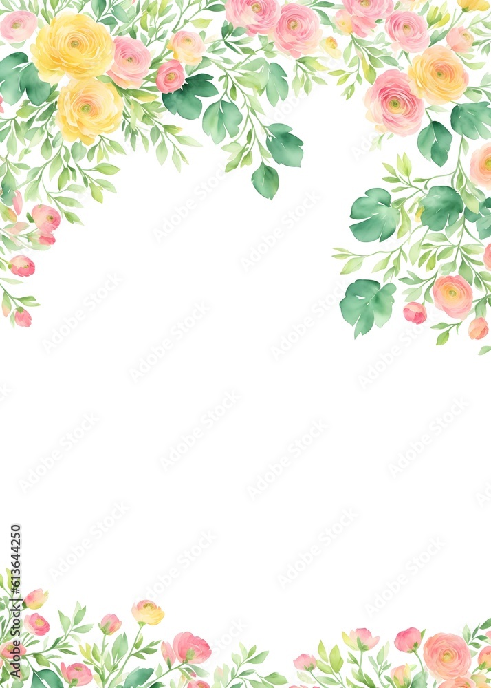 Ranunculus flower. Florist decoration. Natural floral background. Floral background with place for text. Templates for design, botanical illustration in watercolor style. Generative AI.