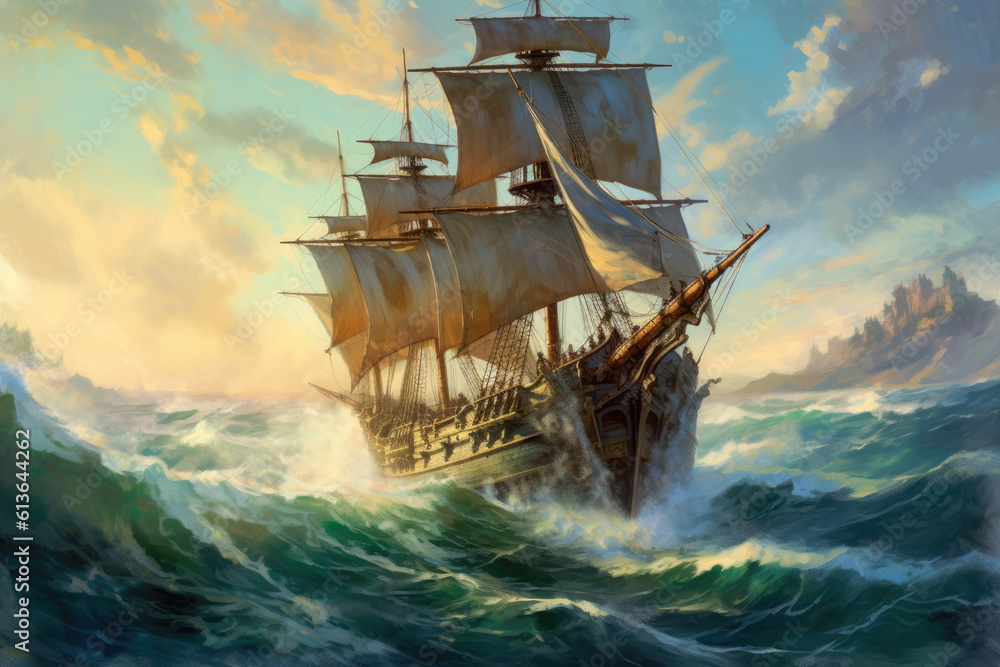 Old sail ship braving the waves of a stormy sea. Painting style. Generative ai