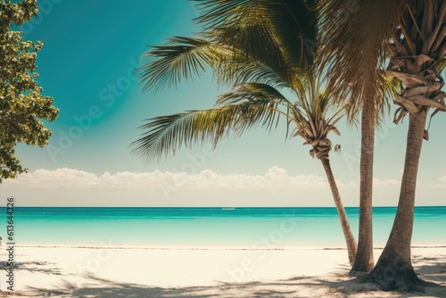 Copy space on a sunny tropical beach with palm trees in the backdrop. Generative AI