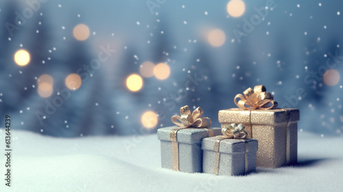 Three gift boxes sitting on top of a snow covered ground. Generative AI. Christmas background, greeting card or wallpaper design. © Friedbert