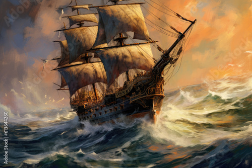 Old sail ship braving the waves of a stormy sea. Painting style. Generative ai
