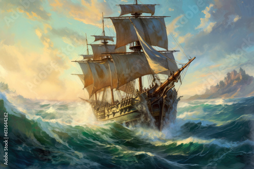 Old sail ship braving the waves of a stormy sea. Painting style. Generative ai © MVProductions