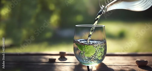 Save nature. Water. Water with mint in a glass. Banner. Copy space. created by AI