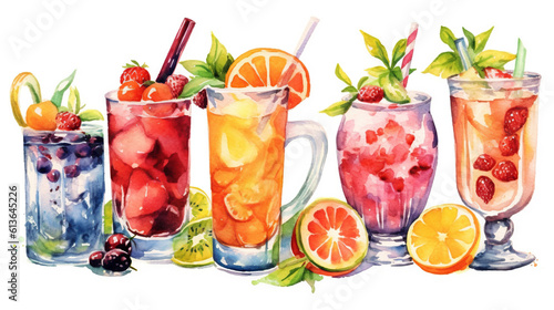 watercolor illustration drinks with fruits and ice, summer cocktails, stickers, ai generative