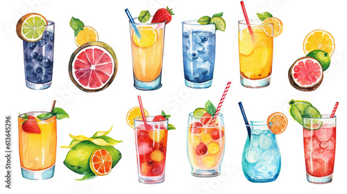 watercolor illustration drinks with fruits and ice, summer cocktails, stickers, ai generative
