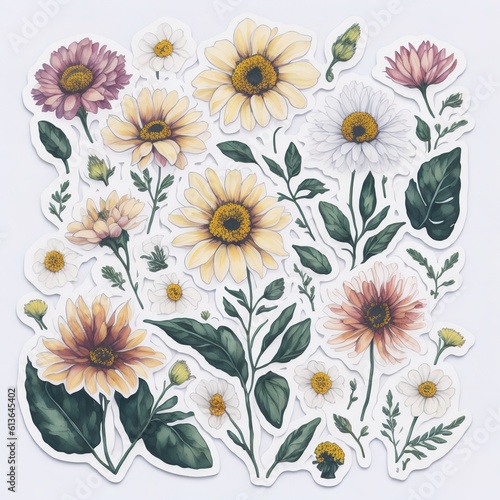 Set of floral elements on white background. Sticker pack. AI generated illustration