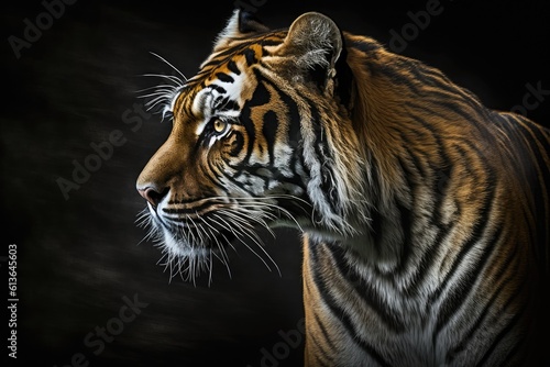 fierce tiger in close-up on a dark background. Generative AI