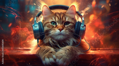 a close-up portrait of an orange tabby cat wearing DJ blue headphones