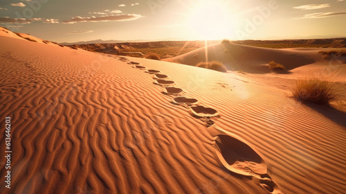 Footprints in the desert, with a sun on the horizon