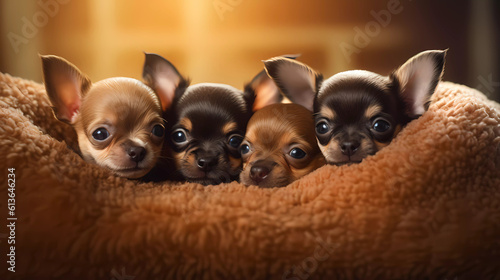 4 Chihuahua puppies, snuggled up in a line all sleepy