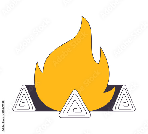 Burning bonfire flat line color isolated vector object. Campfire for hikers. Flame over timber. Editable clip art image on white background. Simple outline cartoon spot illustration for web design