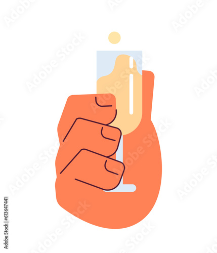 Caucasian hand toasting glass with sparkling wine semi flat colorful vector hand. Champagne beverage. Editable pov closeup clip art on white. Simple cartoon spot illustration for web graphic design