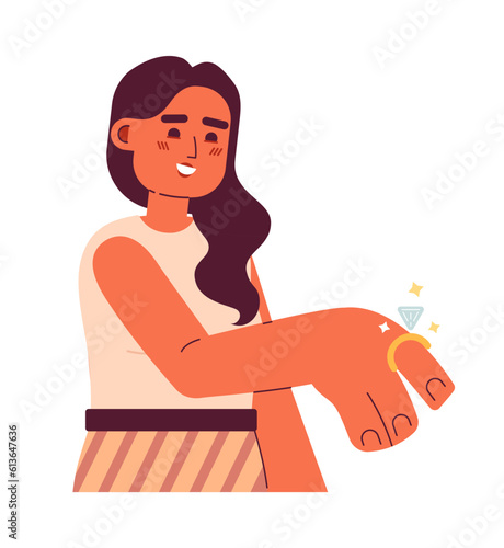 Young latina woman showing engagement ring semi flat colorful vector character. Future wife proposal. Editable full body person on white. Simple cartoon spot illustration for web graphic design