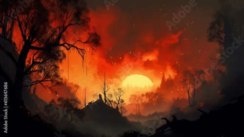 Raging forest fire. Rapidly spreading wildfire. Generative AI