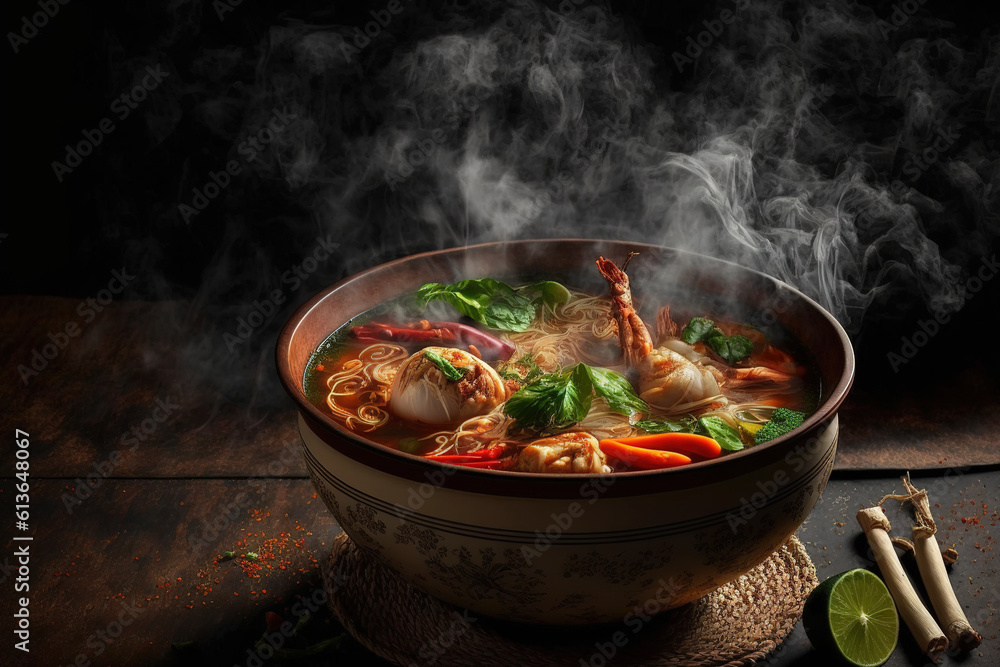 colorful vegetable soup in a bowl on a wooden table. Generative AI colorful vegetable soup in a bowl on a wooden table. Generative AI