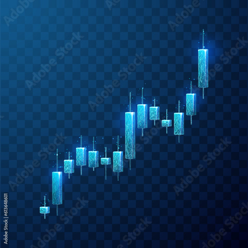 Abstract 3D Candlestick graph chart of stock market investment trading on dark blue background. Digital vector illustration in polygonal wireframe monochrome style.
