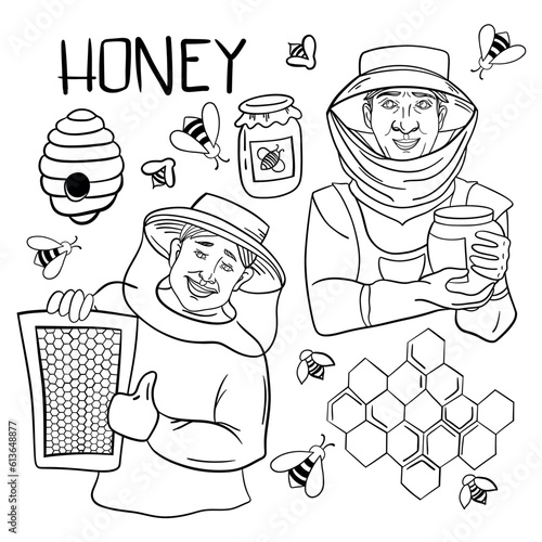 Honey set. Honeycombs, bee, honey in glass jar, wooden honey dipper, honey in metal spoon and flowers isolated on white background. Vector illustration of organic natural sweets in cartoon flat style