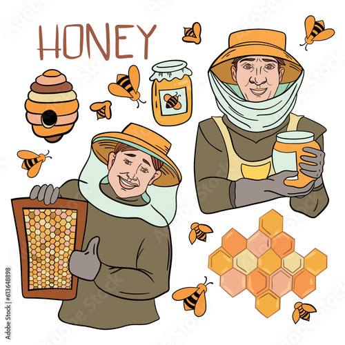 Honey set. Honeycombs, bee, honey in glass jar, wooden honey dipper, honey in metal spoon and flowers isolated on white background. Vector illustration of organic natural sweets in cartoon flat style