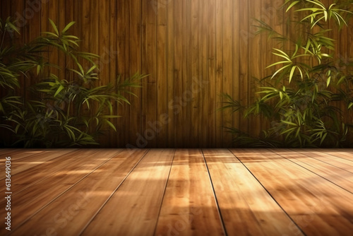 sunlight of tropical bamboo tree leaf shadow on brown wooden panel wall with wood grain. AI generative