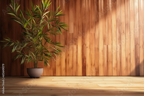 sunlight of tropical bamboo tree leaf shadow on brown wooden panel wall with wood grain. AI generative