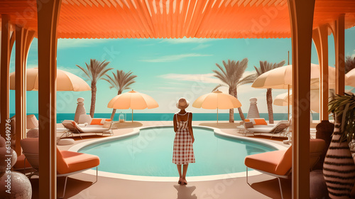 Woman enjoying the view in a luxury beach resort, retro futurist design