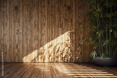 sunlight of tropical bamboo tree leaf shadow on brown wooden panel wall with wood grain. AI generative