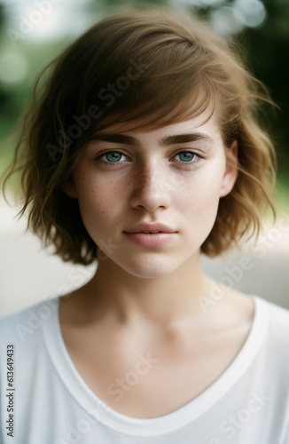 Portrait of a beautiful young cute freckled girl with short messy hair with blue eyes wearing a white t-shirt outdoors. Generative AI.