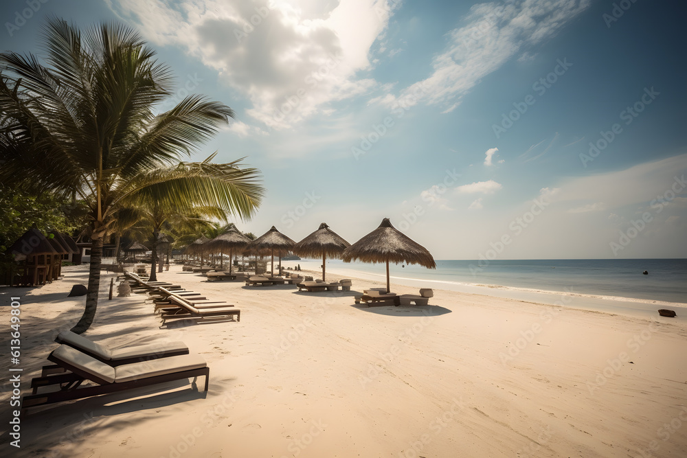 Tropical beach, straw beach furniture