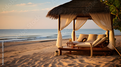 Peaceful tropical beach, comfortable luxurious canopy
