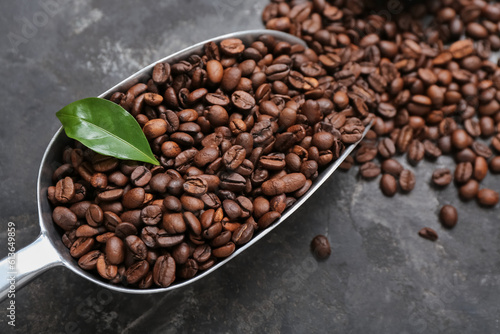 Scoop with coffee beans on grunge background