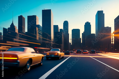 Big city sunset evening panorama with retro cars and blurred car headlights and street lights with skyscrapers. Copy space for advertising text. Generative AI.