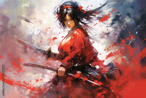 female samurai holding her hand on a katana. Generative ai