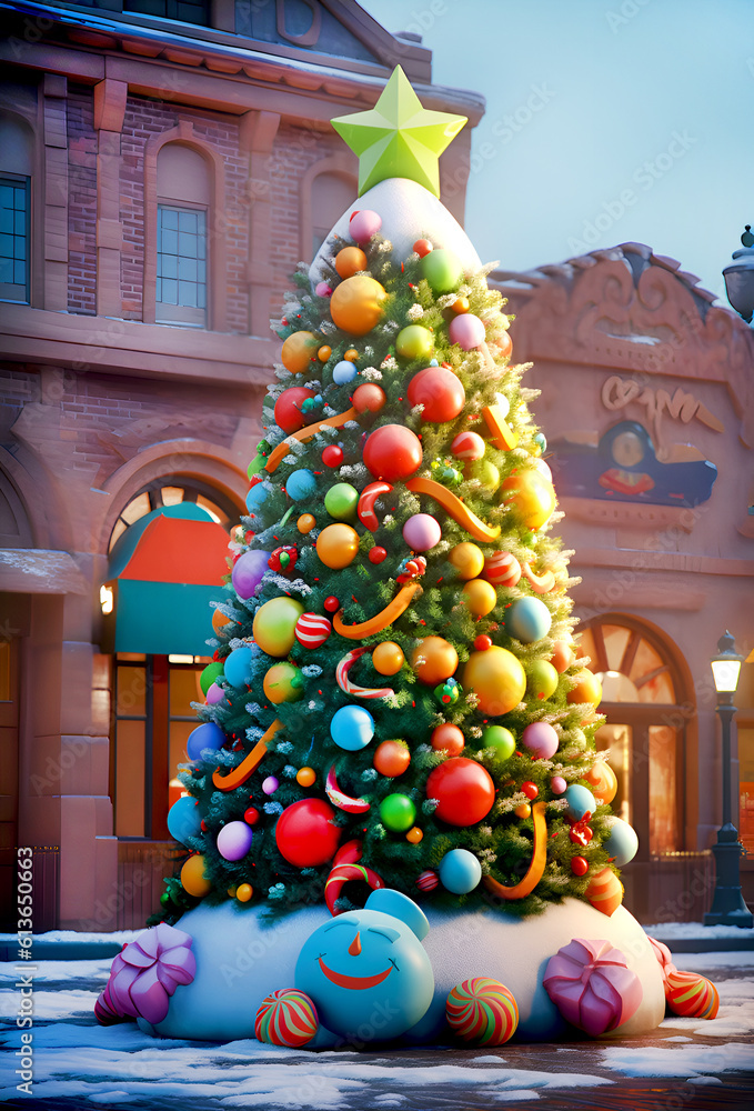 Beautiful Christmas tree on town square. Cartoon style. Festive and celebration concept AI generative illustration 