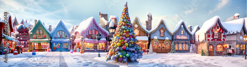 Beautiful Christmas tree on town square. Cartoon style. Festive and celebration concept AI generative illustration 