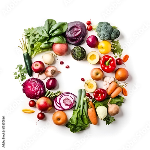 Fresh fruits and vegetables at white  healthy eating   organic food concept AI generative illustration 