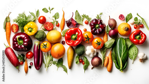 Fresh fruits and vegetables at white, healthy eating,  organic food concept AI generative illustration 
