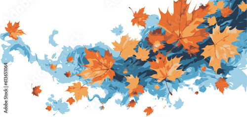 Illustration composition of colorful fall leaves with blue spots on white for Thanksgiving invitation  border or background with copy space.