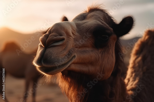 Camel on the background of sunset in the desert  animal. generative ai