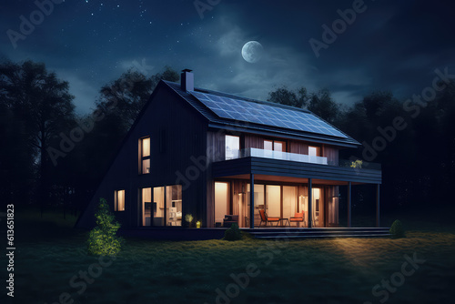 Solar panels on roofs in the city, energy from the sun, ecology, at home, apartment. Solar electricity in mountains night, nature, city. generative ai