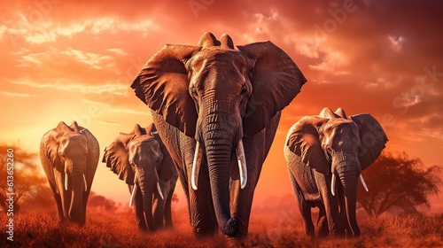 Amazing african elephants at sunset concept A professional photography should use a high - quality Generative AI
