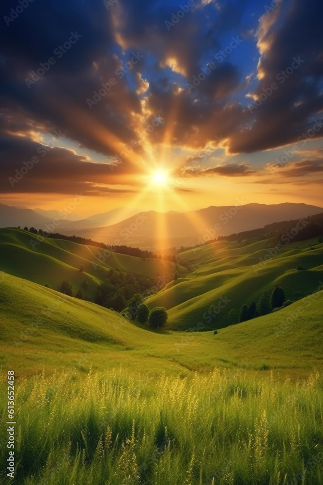 Fototapeta premium The sun rises over a hillside with grassy fields and an area with a hill. AI generative
