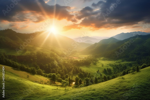 The sun rises over a hillside with grassy fields and an area with a hill. AI generative © SANGHYUN