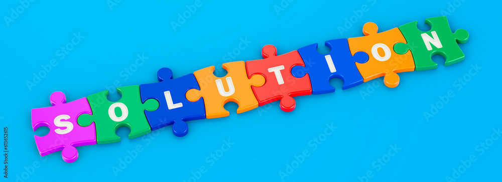 Solution from colored puzzles, 3D rendering Solution from colored puzzles, 3D rendering