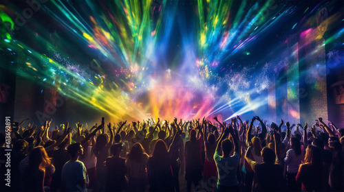A crowd dancing at an epic rave with neon lasers - Music festival party kids - PLUR © Unicorn Trainwreck