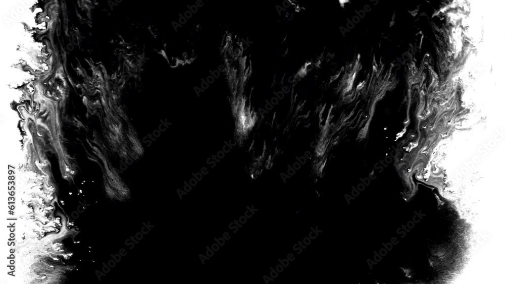 Black ink artistic flow splatter spots spills white paper beautiful reveal dripping streaks spread fluid ink alpha matte isolated watercolor ink drops transition