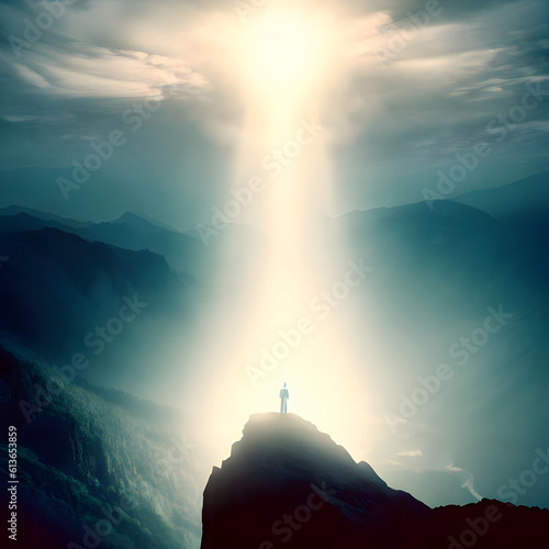 Small figure bathed in divine light, standing on top of a mountain overlooking a valley