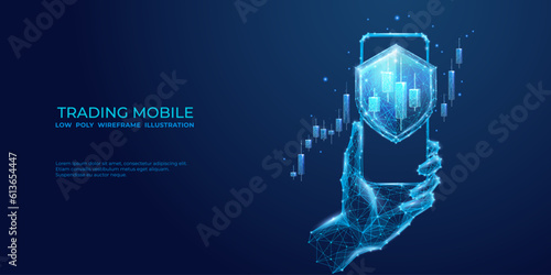 Stock market candlestick on smartphone screen with a shield. investment concept protection. Safe trading internet banner. Low poly 3d vector illustration isolated on digital background © AntonKhrupinArt