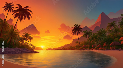 Illustration of a tropical bay with palm trees, beach, sea and mountains at sunset. AI Generative. © zsuriel
